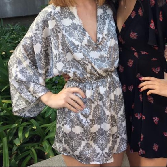 Floral Grey and White Silky Romper - Picture 1 of 4